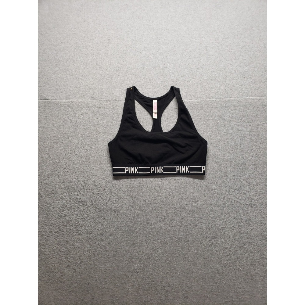 Victorias Secret Pink‎ Women Sports Bra M Black Scoop Neck Racerback Logo Active